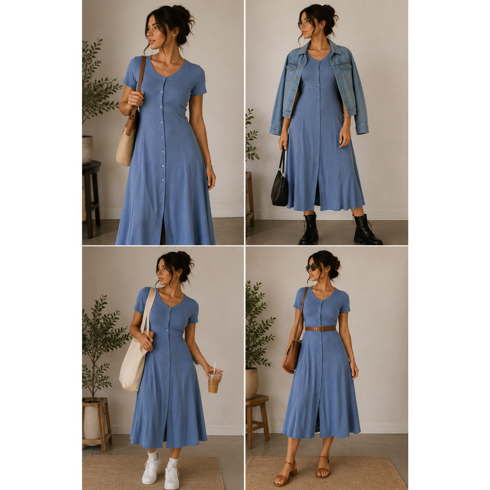 Blue Ribbed Button Front Midi Dress Women’s Large Soft Casual Minimalist